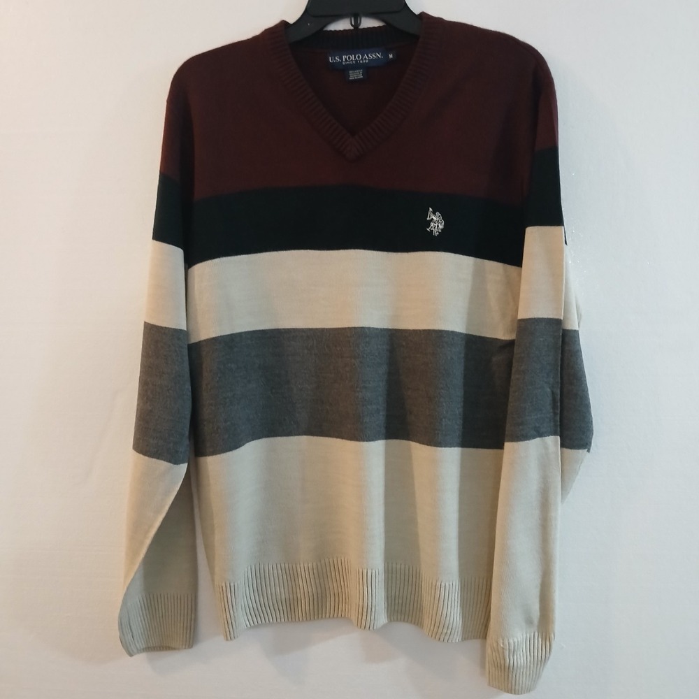 U.S. Polo Assn. Sweater Men Sz M Stripped Block Colors Maroon Black Beige Gray